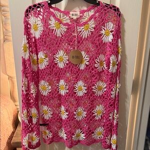 BiBi Hot Pink Daisy Crochet Pullover